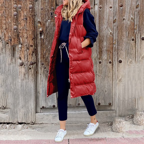 New Ladies Fashion Casual Padded Jacket Solid Color Hooded Slim Vest Temperament Sleeveless Cardigan Long Coat Hooded Padded Jacket Women Jacket for Women plus Size Women's Hooded Coat Vest Jacket