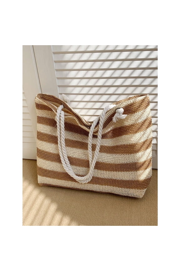 New Large Capacity Woven Stripe Straw Bag Beach Style Weaved Basket Tote For Women With Shoulder Strap Color Block Woven ,Large Capacity,Summer Essentials Women Bags For Vacation & Holiday