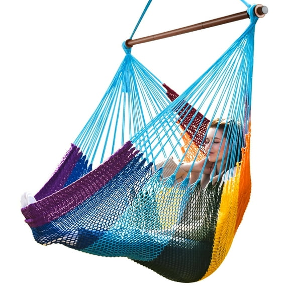 New Large Caribbean Hammock Chairs with Detachable Metal Bar, Hanging Rope Swing, Outdoor Indoor, Multicolor