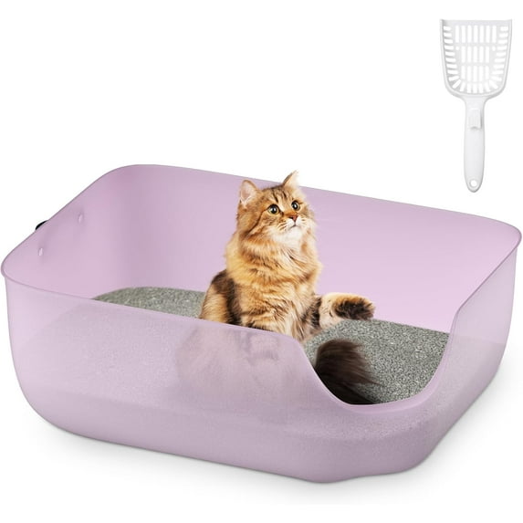New Large Cat Litter Box, High Sided Litter Box for Big Cats with Leather Side Handle & Litter Scoop – 22" L x 16" W x 8.8" H, Durable Litter Pan & Easy-to-Clean Litter Tray, Transparent Purple
