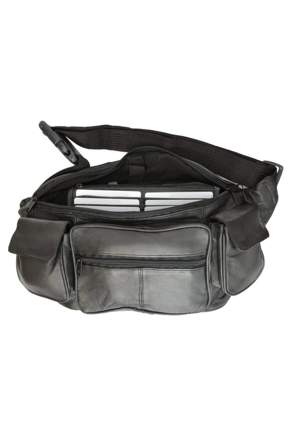 New Large Genuine Leather Waist Bag Fanny Pack with Two Cell Phone Pockets and Six Exterior Pockets 405 (C)