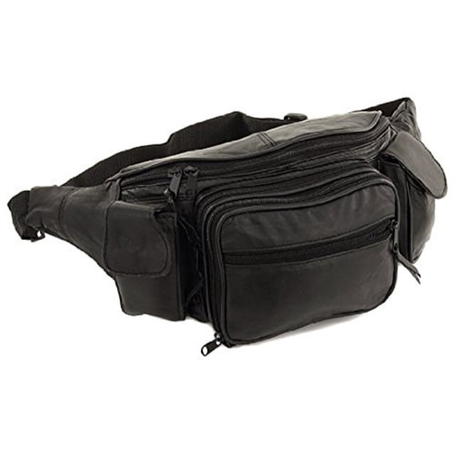 New Large 8 Pocket Genuine Leather Waist Hip Lumbar Fanny Fannie Pack Bag Black with Dual Cell Phone Pockets and Dual Organizer