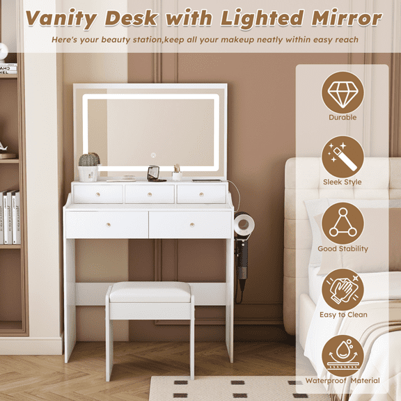 New Large Mirror Vanity Desk for Bed room , Modern Makeup Vanity Set with Power Outlet and Hair dryer holder, 5 Drawers , 3 Lighting Color Adjustable Dressing Table for Bedroom, White Color