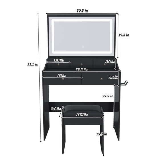 New Large Mirror Vanity Desk for Bed room , Modern Makeup Vanity Set with Power Outlet and Hair dryer holder, 5 Drawers , 3 Lighting Color Adjustable Dressing Table for Bedroom, Black Color RR