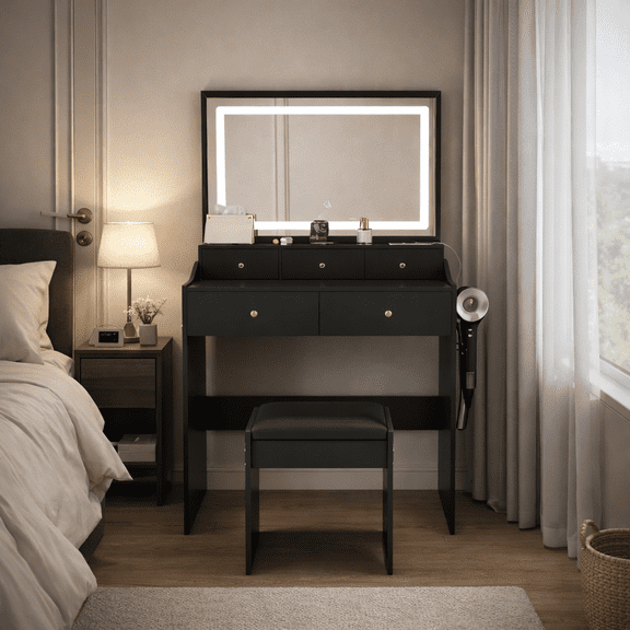 New Large Mirror Vanity Desk for Bed room , Modern Makeup Vanity Set with Power Outlet and Hair dryer holder, 5 Drawers , 3 Lighting Color Adjustable Dressing Table for Bedroom, Black Color