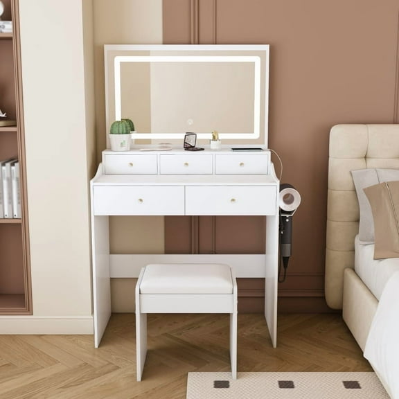 Modern Large Mirror Vanity Table Set with Power Outlet, Hair Dryer Holder and 5 Drawers, White Makeup Desk for Women & Girls Bedroom