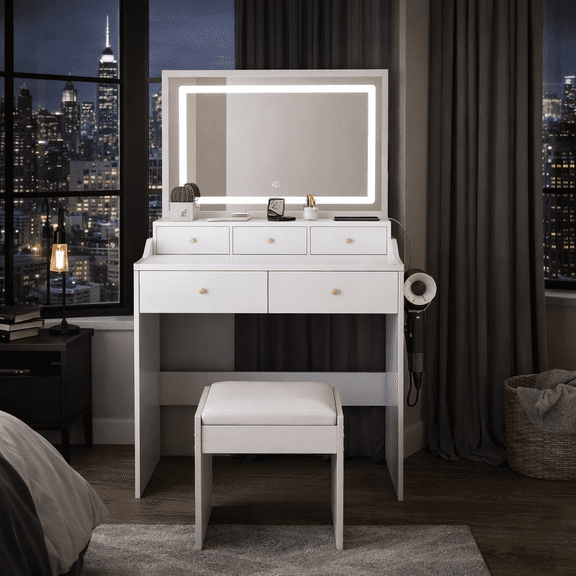 New Large Mirror Vanity Desk for Bed room , Modern Makeup Vanity Set with Power Outlet and Hair dryer holder, 5 Drawers , 3 Lighting Color Adjustable Dressing Table for Bedroom, White Color
