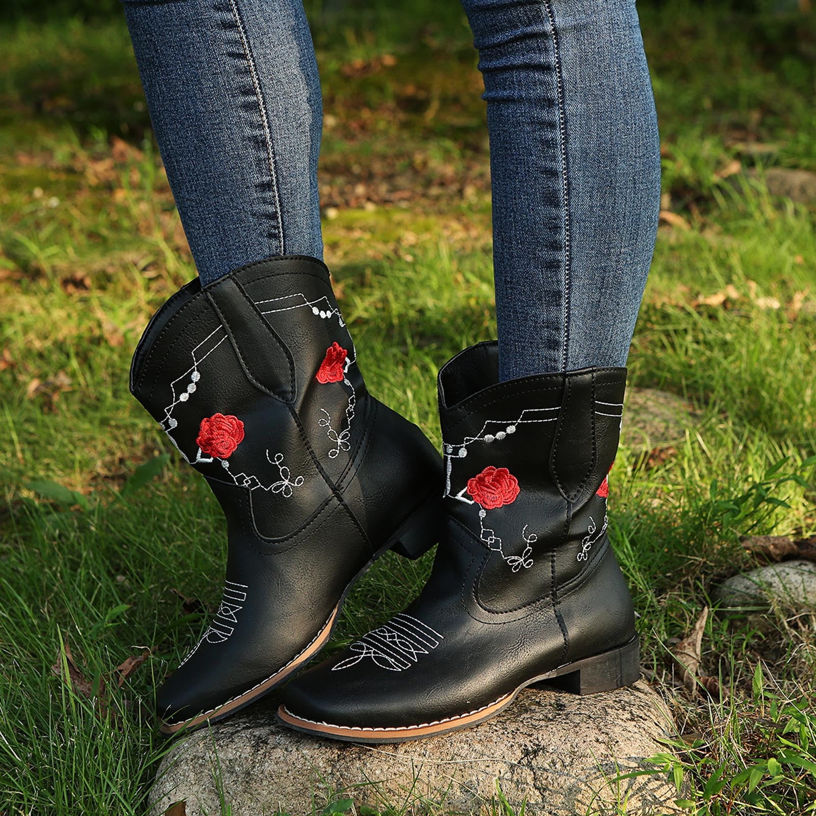 New Large Size Mid-tube Boots Embroidered Wedge Heel Casual Women's Boots -  Walmart.com