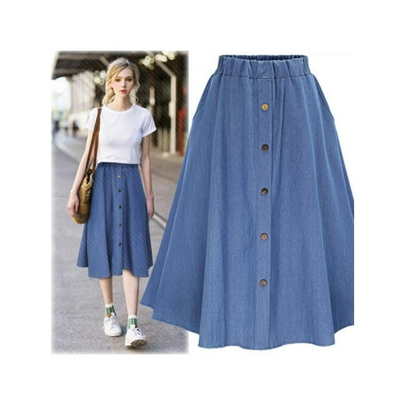 New Large Size Women's Elastic Waist Student Denim Skirt Long Skirt
