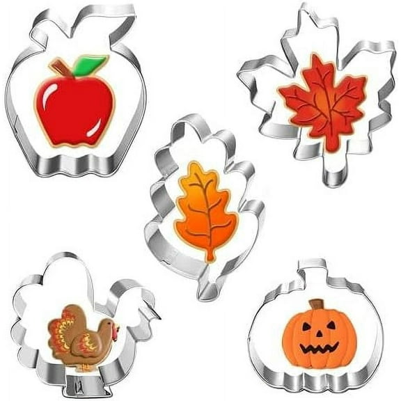 New Large Thanksgiving Cookie Cutter Set-5 Pieces-Turkey, Pumkin, Apple, Maple Leaf and Oak Leaf-Fall Holiday Cookie Cutters Fondant Biscui Cutters