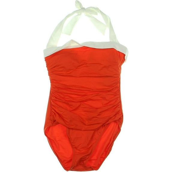 New Lauren Ralph Lauren Women's Ruched Tummy control Halter Swimsuit Orange 4