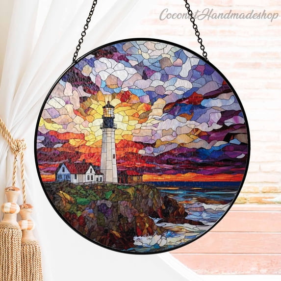 New Lighthouse and Sunburst Stained Glass Window Hanging, Ocean Scene Suncatcher, Colorful Lighthouse Suncatcher Ornament, Beach House Decor