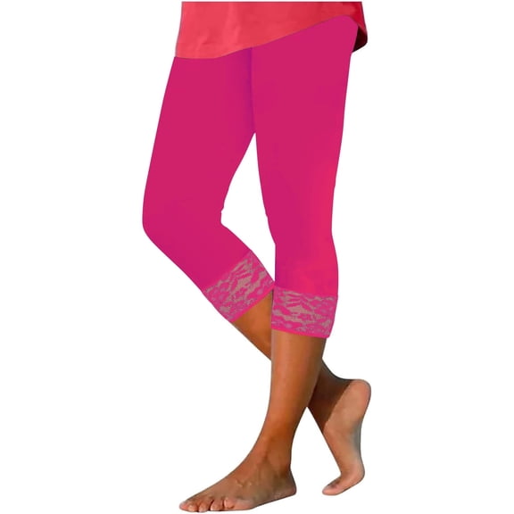 Lightweight Leggings Capris for Summer, High Waisted Solid Color Lace Cropped Tights Pants Cotton Capris Pants for Lady S