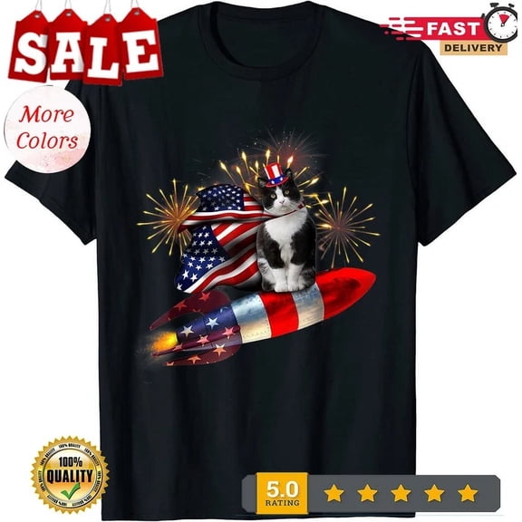New Limited Cat Tuxedo With Fireworks Usa Patriotic Design Great T-Shirt. Unisex S-5XL Hot Trending Shirt, Vintage Birthday Gift