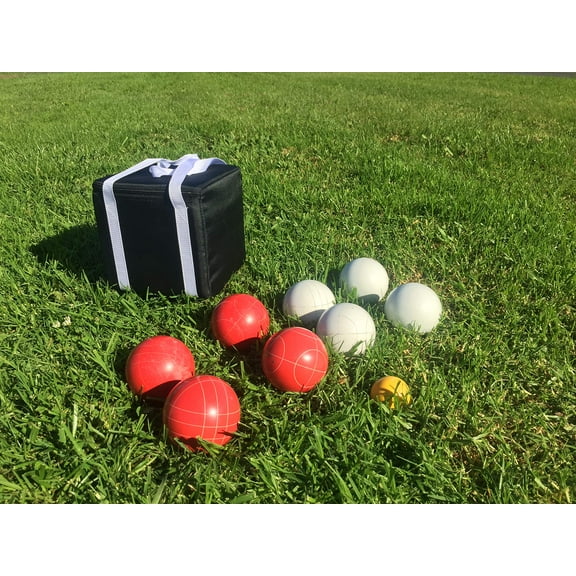 New Listing - (11 of 28) Unique Bocce Sets - 107mm with White and Red Balls, Black Bag