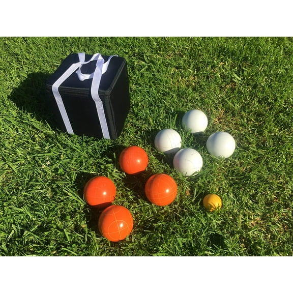 New Listing - (16 of 28) Unique Bocce Sets - 107mm with Orange and White Balls, Black Bag