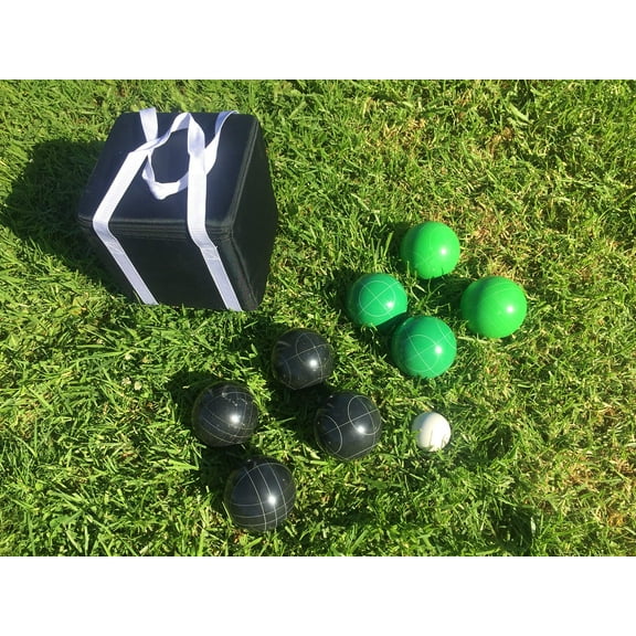 New Listing - (6 of 28) Unique Bocce Sets - 107mm with Green and Black Balls, Black Bag