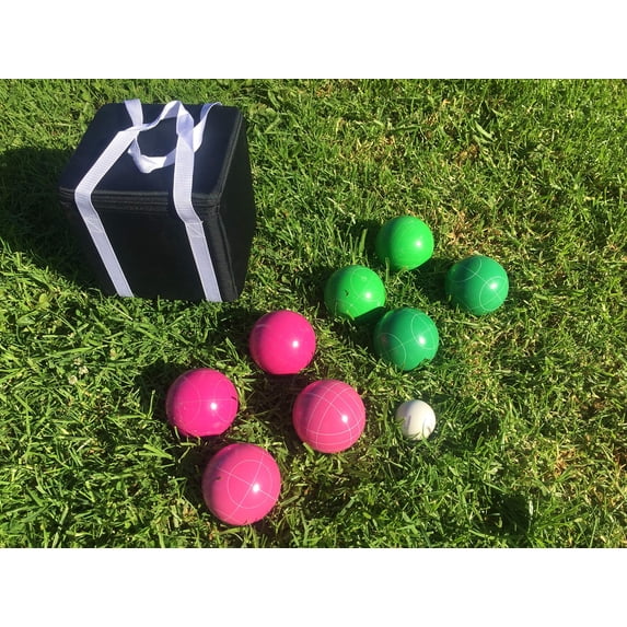 New Listing - (7 of 28) Unique Bocce Sets - 107mm with Green and Pink Balls, Black Bag