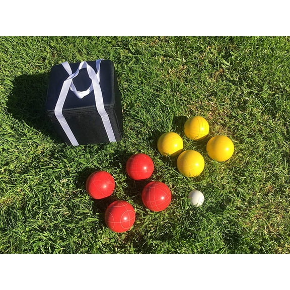 New Listing - (9 of 28) Unique Bocce Sets - 107mm with Yellow and Red Balls, Black Bag