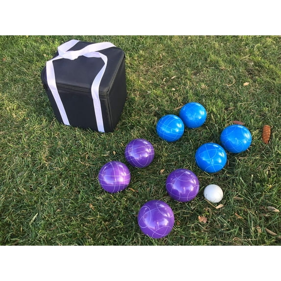 New Listing - Unique Bocce Sets - 107mm with Purple and Blue Balls, Black Bag