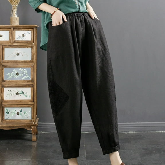 New Literary Retro Plus Size Cropped Harem Pants Lace Patch Women's And Linen Slacks Business Casual Womens Pants 12 Short Beach Pants for Women Casual Womens Casual Leggings Stretchy High Waist Work