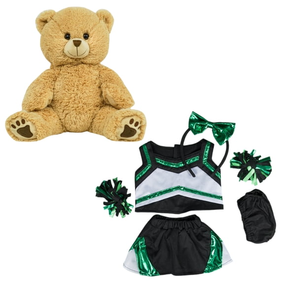 New Long Hair Teddy Bear Stuffed Toy Dressed in Metallic Green & Black Cheerleader Outfit - With Matching Pompoms and Cheer Bow - 16-Inch Cheerleading-Themed Stuffed Animal Gift for Children