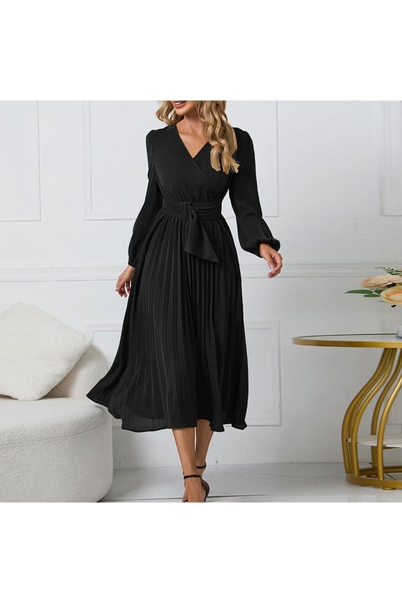 New Long Sleeved Slim Pleated Belt V Neck Dress Dresses for Women Casual Summer with Sleeves Womens Dresses Long Casual Dress for Women Summer Shirt Dress with Belt Cute Summer Dress Casual Mini Dress