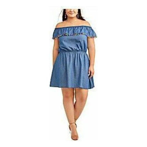 New Look Flounce Dress Women's Plus Size 1X Off Shoulder Pom Pom