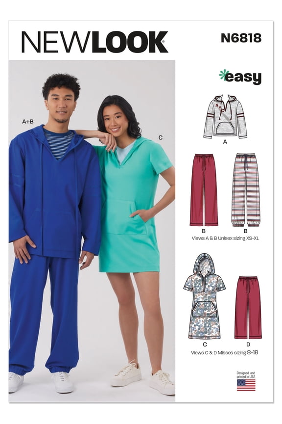 Sewing Pattern 6818 - Unisex Knit Hoodie and Pants and Misses' Knit Dress Size: A (6-24)