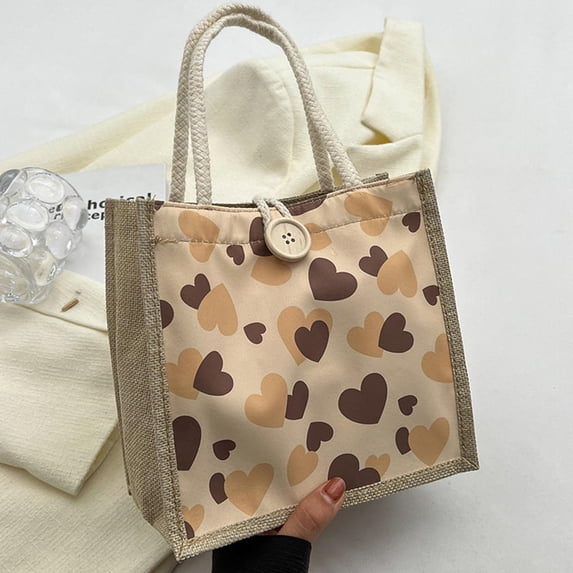 New Love Handbag Linen Handbag Lunch Box Bag Japanese Cosmetic Portable Shopping Bag Versatile Casual Women'S Bags Drop Shipping C-Khaki-Button