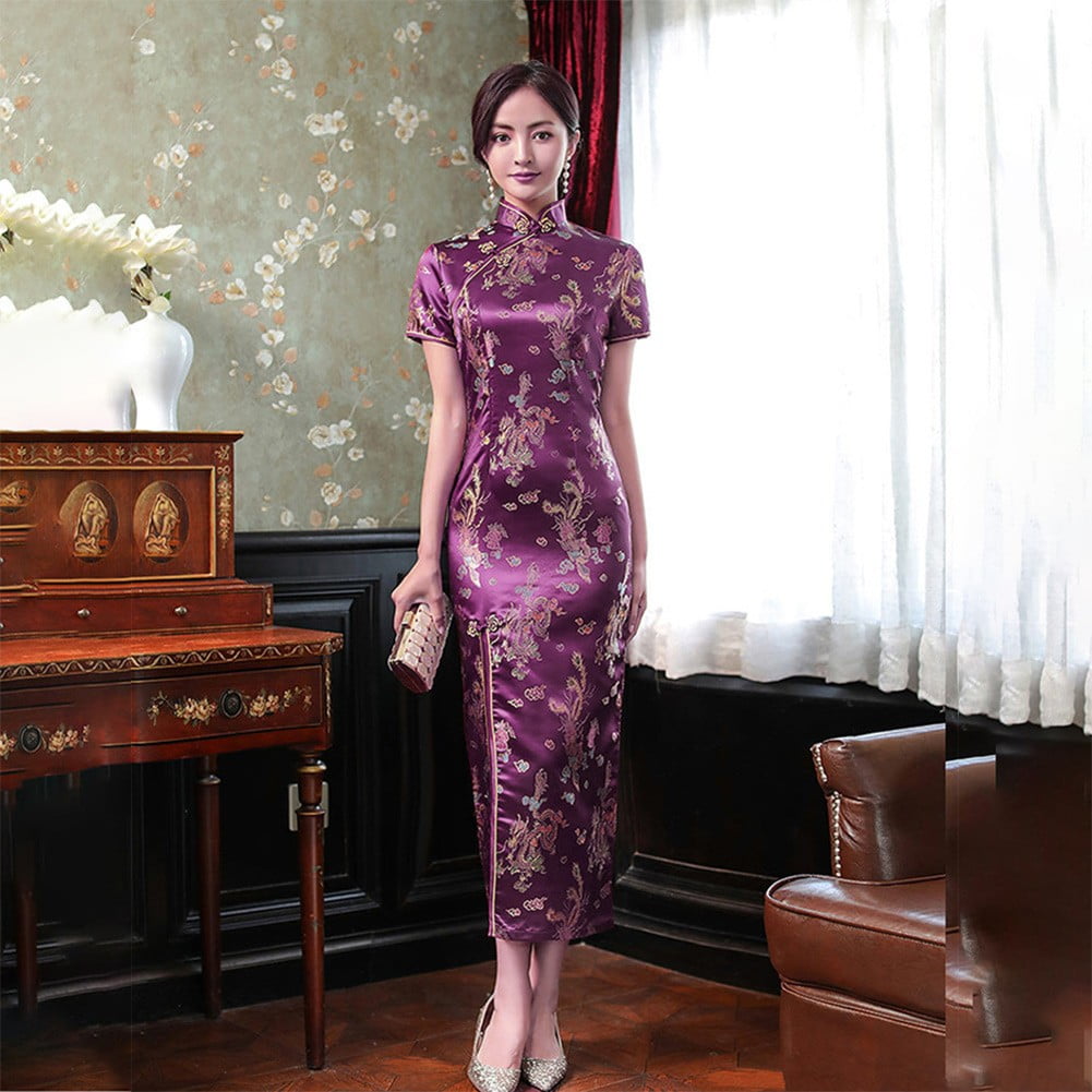 Gld New Luxurious Black Satin Phoenix Chinese Long Dress India | Ubuy
