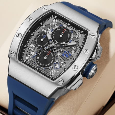 New Men's Sport Watch, Tonneau Case, Japan VD57 Quartz Chronograph, Silicone Band, 3ATM Waterproof
