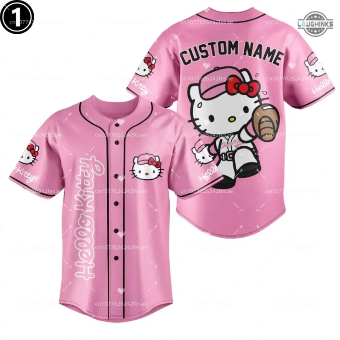 New MINISO Hello Kitty Baseball Jersey Cartoon Print Custom Name Baseball Jersey Shirts Outdoor