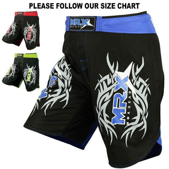 New MRX MMA Fight Shorts Stretch Penals Grappling UFC Cage Fighting Muay Thai Kickboxing Trunks (Black Blue, Large)