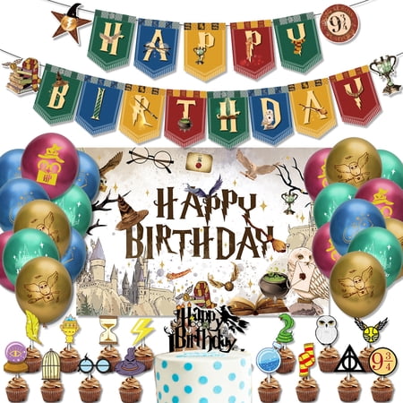 New Magical Birthday Party Decorations Include Happy Birthday Banner, Cupcake Cake Toppers Balloons Background for Magical Themed Party Supplies