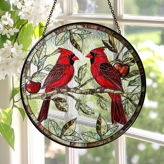 New Male and Female Cardinal Lovebirds Stained Glass Suncatcher, Bird Stained Glass, Window Hanging For Cardinal Bird Lover, Home Decor