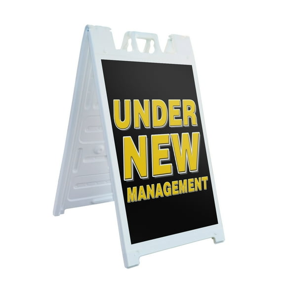 Under New Management 24" x 36" Double Sided A-Frame Sidewalk Sign Includes 2 Installed Decals Foldable Portable White Signicade Sandwich Board Business Promotions Clear Messaging