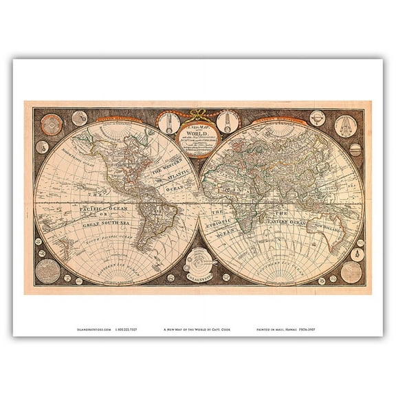 A New Map of the World - New Discoveries by Capt. Cook and Other Navigators - Vintage Colored Cartographic Map by Thomas Kitchin c.1799 - Master Art Print (Unframed) 9in x 12in