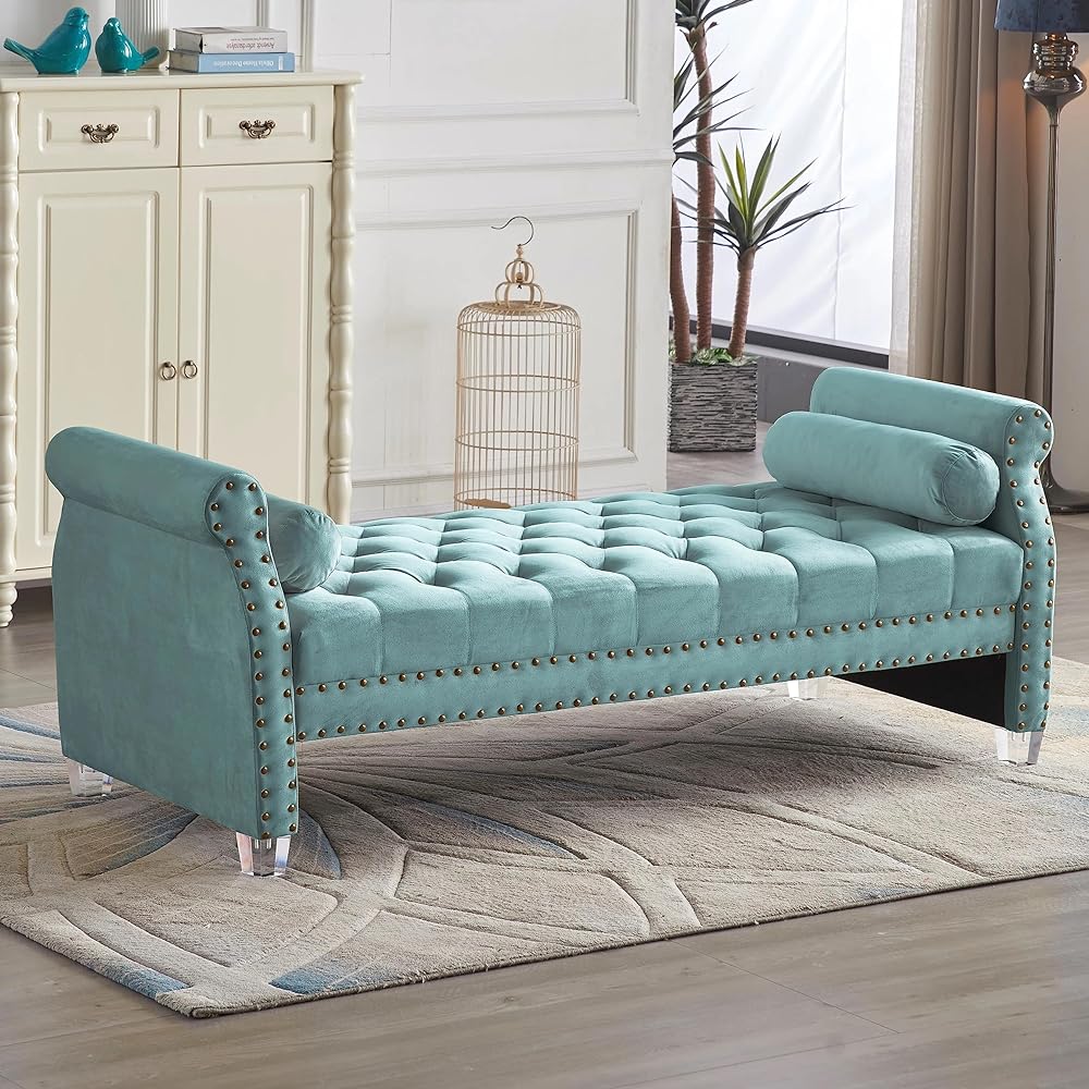 New Mathias 71Inch Rolled Arm Velvet Button Tufted Upholstered Bench
