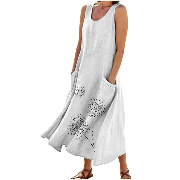 New Maxi Dresses for Womens 2024 Plus Size Fashion Sleeveless Cotton And Linen Round Neck Printed Long Dress