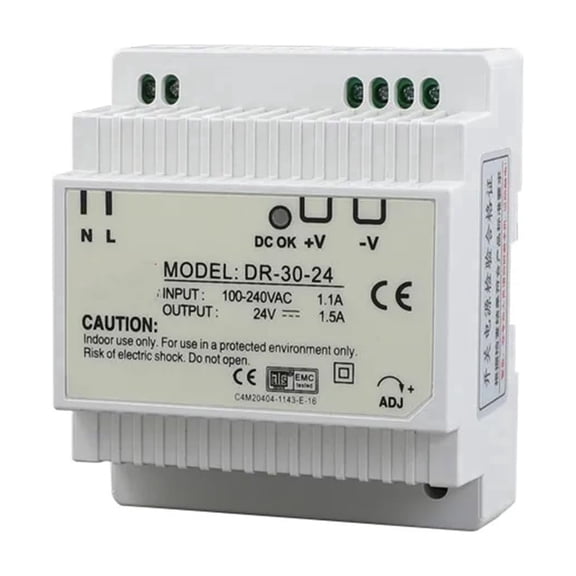 EDISA CORP DR-30-24 DIN Rail Power Supply, 24V 1.5A 36W, Input 100-240VAC 50/60Hz