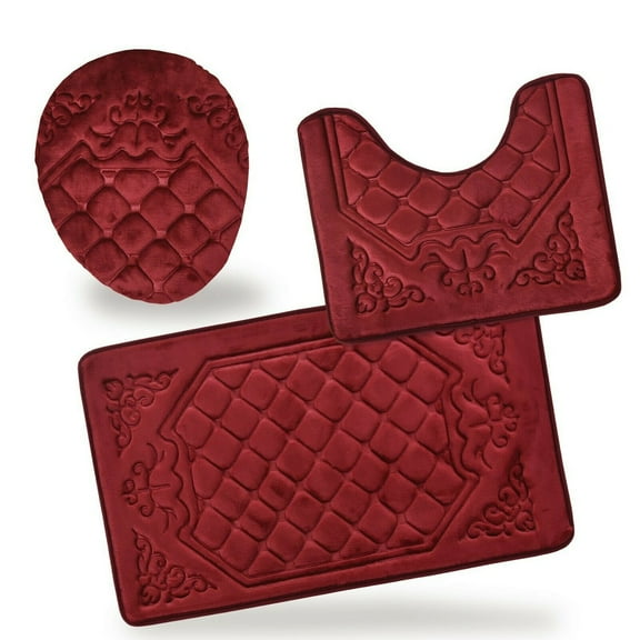 Memory Foam Bath Mats Soft Plush Crown Design 3 PC Burgundy