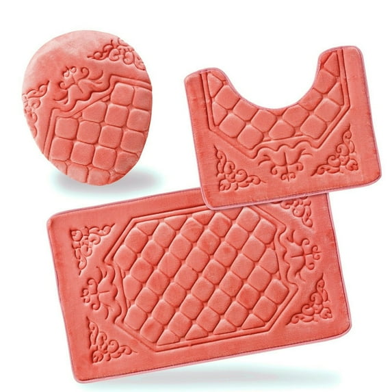 New Memory Foam Bath Mats Soft Plush Crown Design 3 Pieces Peach Color
