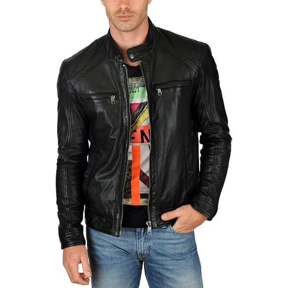 New Men Designer Genuine Lambskin Soft Biker Black Leather Jacket A866