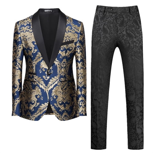 New Men Jacquard Suit 2 Piece Black / Blue / Red Fashion Men's Luxury Business Wedding Prom Party Dress Blazer Jacket and Pants (551,Asian M (EU XXS))