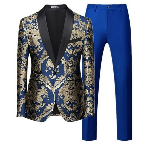 New Men Jacquard Suit 2 Piece Black / Blue / Red Fashion Men's Luxury Business Wedding Prom Party Dress Blazer Jacket and Pants (551 B,Asian XXXK (EU L))