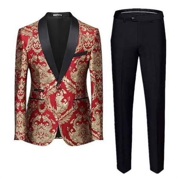 New Men Jacquard Suit 2 Piece Black / Blue / Red Fashion Men's Luxury Business Wedding Prom Party Dress Blazer Jacket and Pants (552 A,Asian M (EU XXS))