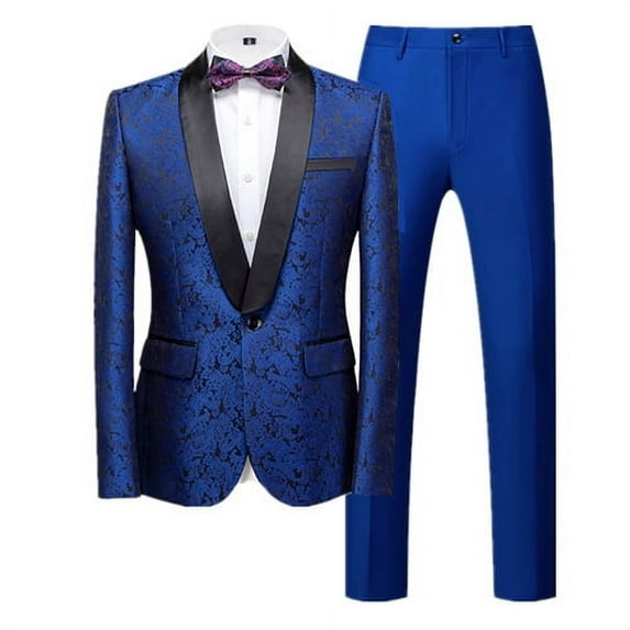 New Men Jacquard Suit 2 Piece Black / Blue / Red Fashion Men's Luxury Business Wedding Prom Party Dress Blazer Jacket and Pants (Blue A,Asian M (EU XXS))
