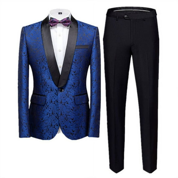 New Men Jacquard Suit 2 Piece Black / Blue / Red Fashion Men's Luxury Business Wedding Prom Party Dress Blazer Jacket and Pants (Blue,Asian M (EU XXS))