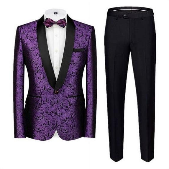 New Men Jacquard Suit 2 Piece Black / Blue / Red Fashion Men's Luxury Business Wedding Prom Party Dress Blazer Jacket and Pants (Purple,Asian M (EU XXS))
